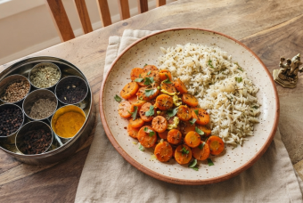 Carottes fondantes au cumin, gingembre et curcuma, riz basmati